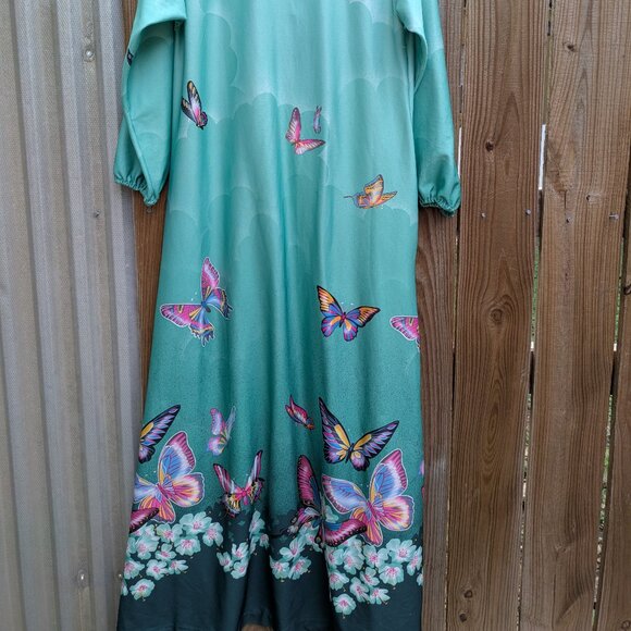 Vintage 60's-70's Butterfly Print Turquoise Maxi Dress MuuMuu - Tique of Cali - Picture 6 of 6